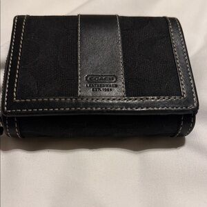 Coach Black Signature Canvas Trifold Wallet with Leather Trim